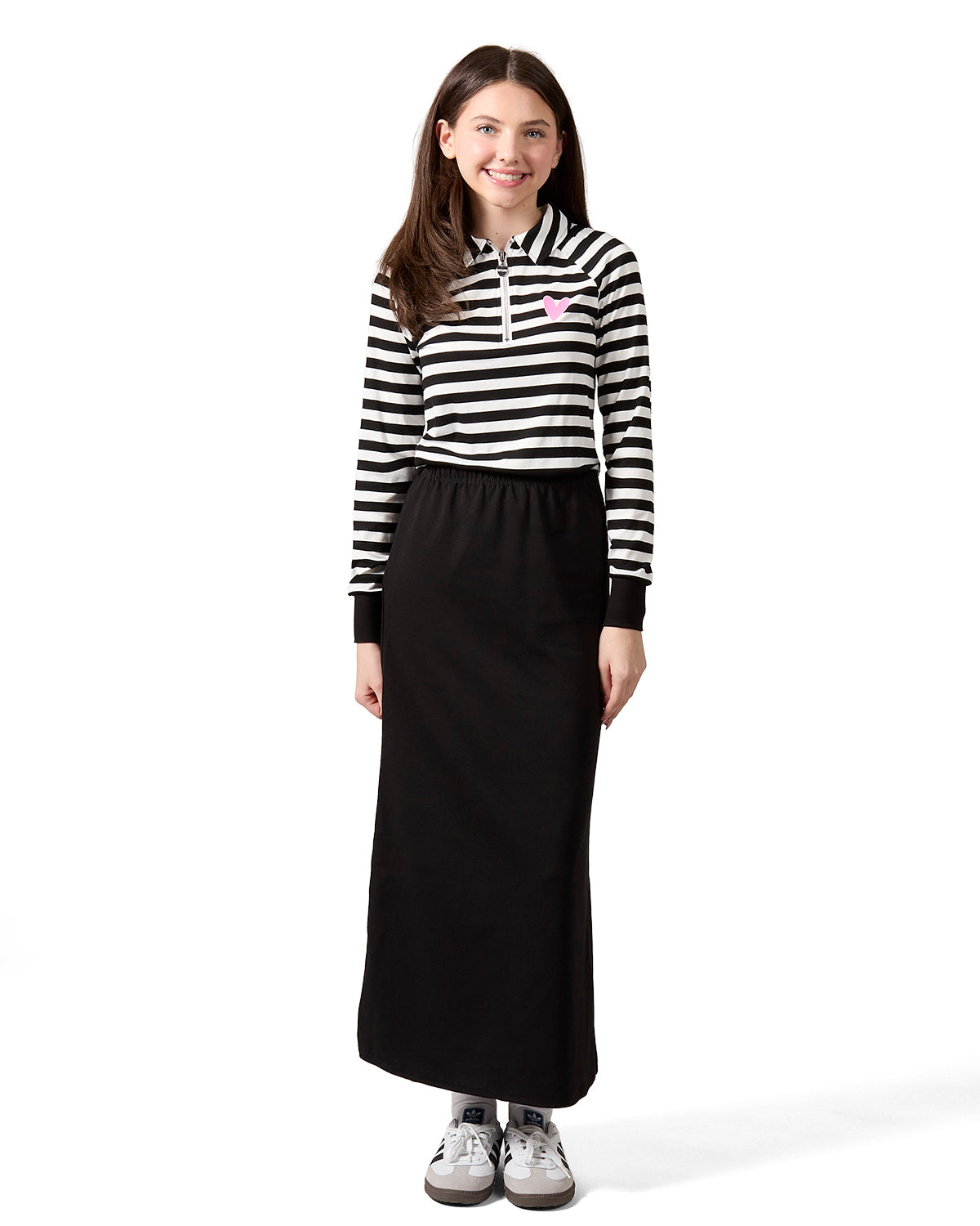 Girls Striped Mini-Ribbed Quarter Zip Long Sleeve T-Shirt : Color: Black