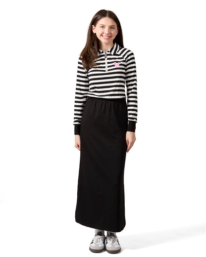 Girls Striped Mini-Ribbed Quarter Zip Long Sleeve T-Shirt : Color: Black