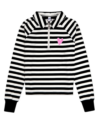 Girls Striped Mini-Ribbed Quarter Zip Long Sleeve T-Shirt : Color: Black