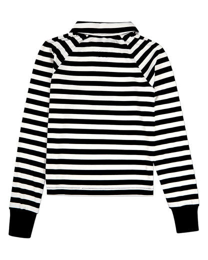 Girls Striped Mini-Ribbed Quarter Zip Long Sleeve T-Shirt : Color: Black