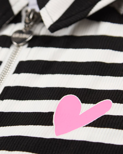 Girls Striped Mini-Ribbed Quarter Zip Long Sleeve T-Shirt : Color: Black