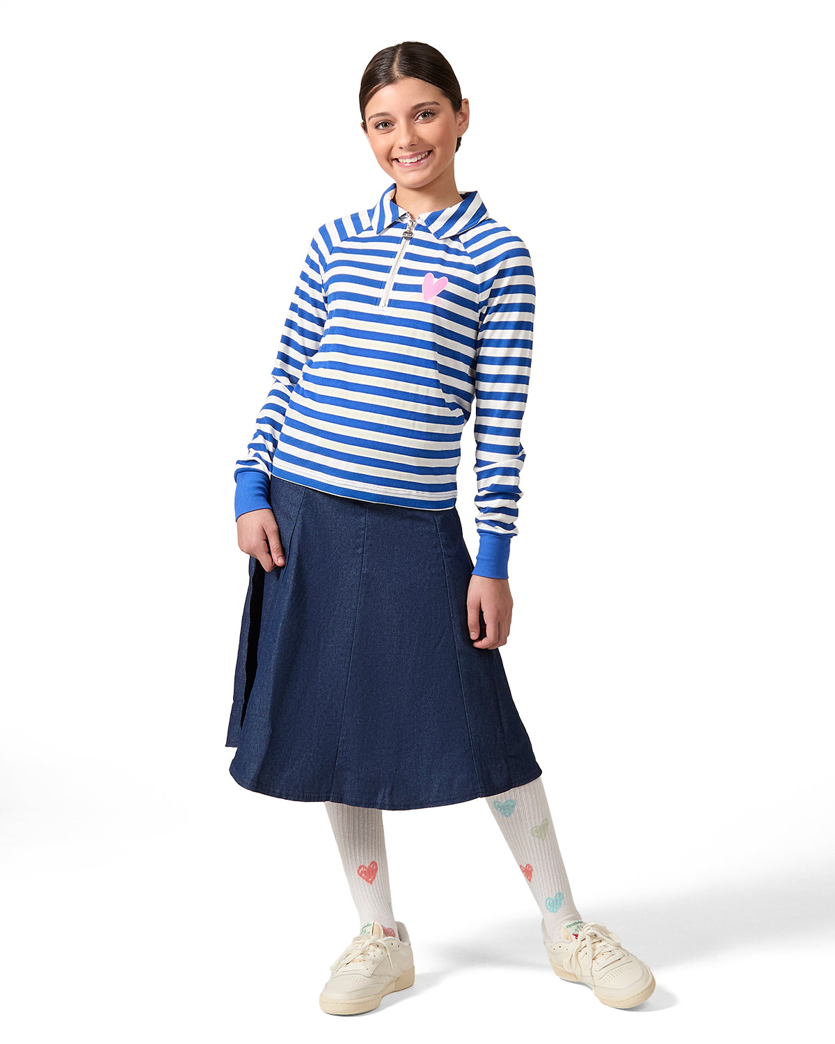 Girls Striped Mini-Ribbed Quarter Zip Long Sleeve T-Shirt : Color: Blue