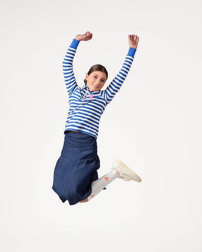 Girls Striped Mini-Ribbed Quarter Zip Long Sleeve T-Shirt : Color: Black