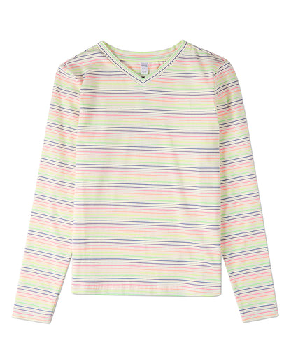 Girls Bright-Striped Cotton-Rich V-Neck Long-Sleeve T-Shirt
