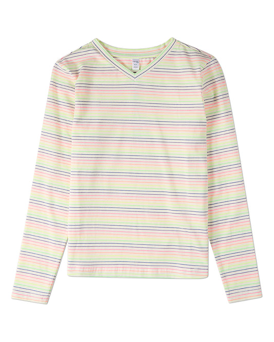 Girls Bright-Striped Cotton-Rich V-Neck Long-Sleeve T-Shirt
