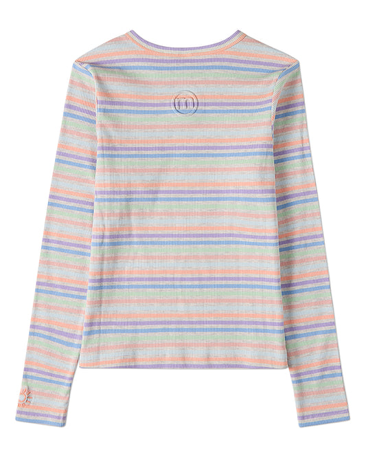 Girls "Summer Sun" Striped Mini-Ribbed Embroidered Long-Sleeve T-Shirt