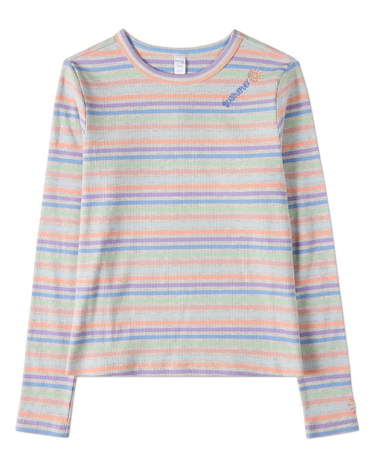 Girls "Summer Sun" Striped Mini-Ribbed Embroidered Long-Sleeve T-Shirt