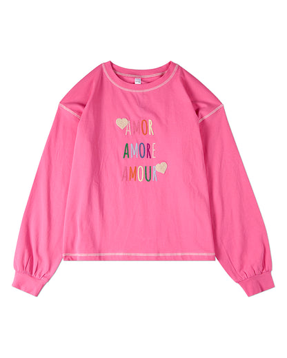 Girls "Amor, Amore, Amour" Cotton-Rich Embroidered Long-Sleeve T-Shirt