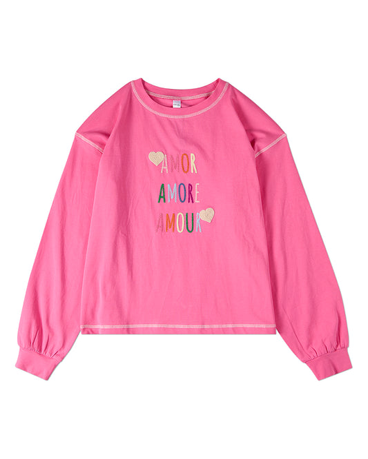 Girls "Amor, Amore, Amour" Cotton-Rich Embroidered Long-Sleeve T-Shirt