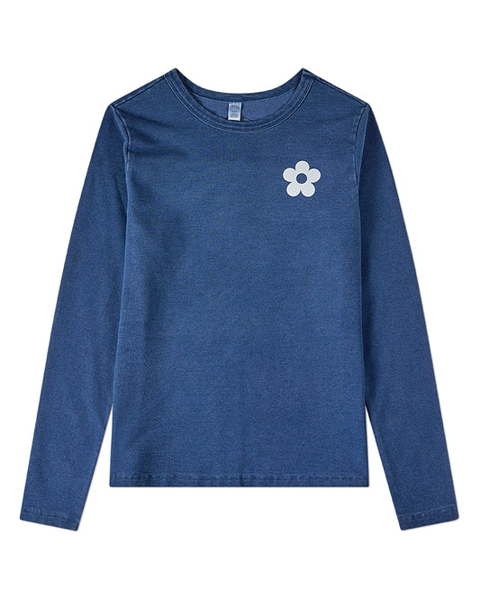 Girls Flower-Graphic Cotton-Rich Denim Long-Sleeve T-Shirt