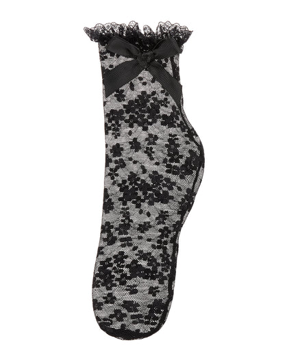 Girls Floral Lace Bow Trim Ankle Sock : Color: Black