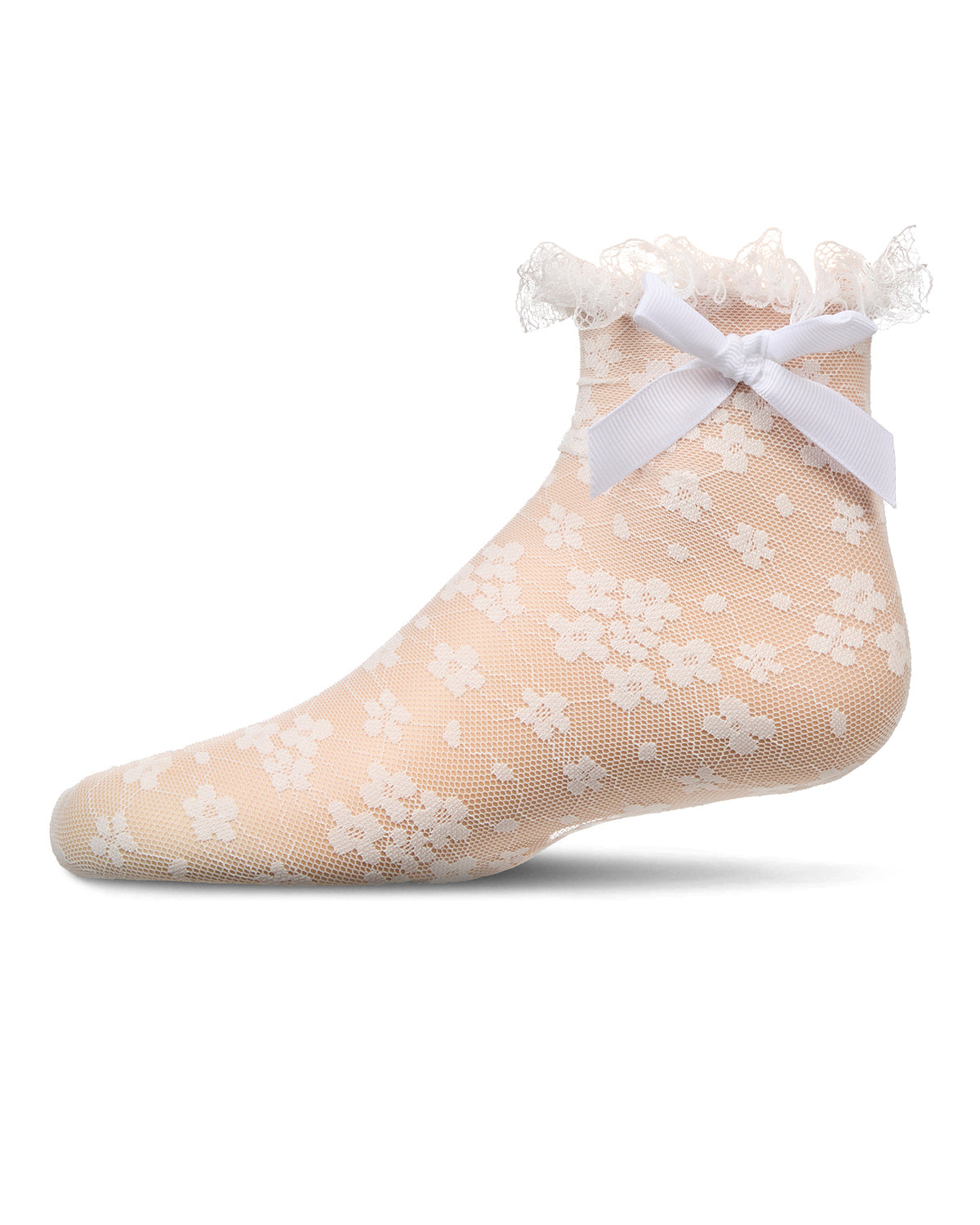 Girls Floral Lace Bow Trim Ankle Sock : Color: White