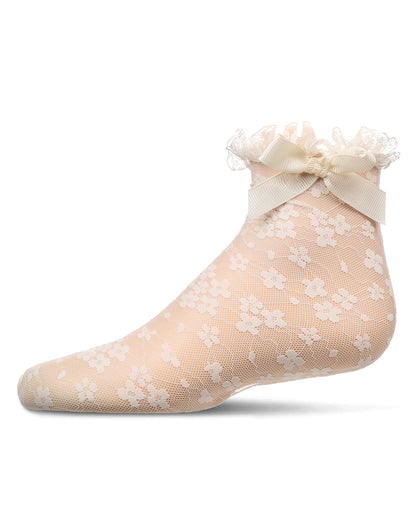 Girls Floral Lace Bow Trim Ankle Sock : Color: Winter White