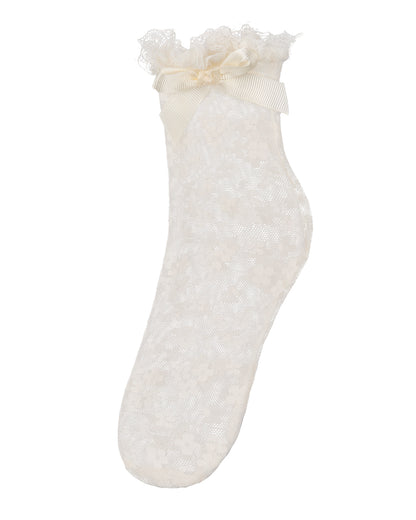 Girls Floral Lace Bow Trim Ankle Sock : Color: Black