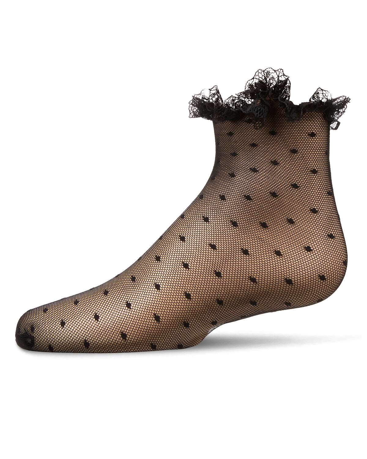 Girls Mesh Dot Pattern Lace Trim Ankle Sock : Color: Black