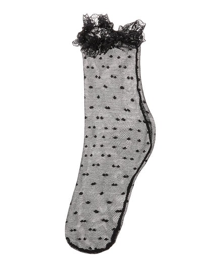 Girls Mesh Dot Pattern Lace Trim Ankle Sock : Color: Black