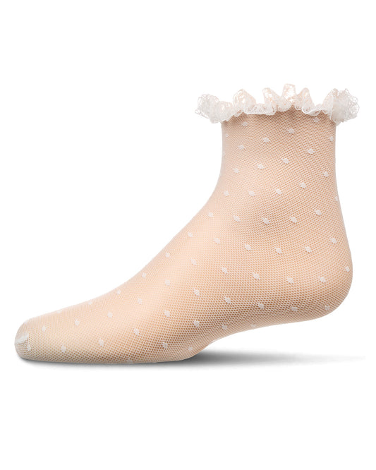 Girls Mesh Dot Pattern Lace Trim Ankle Sock : Color: White