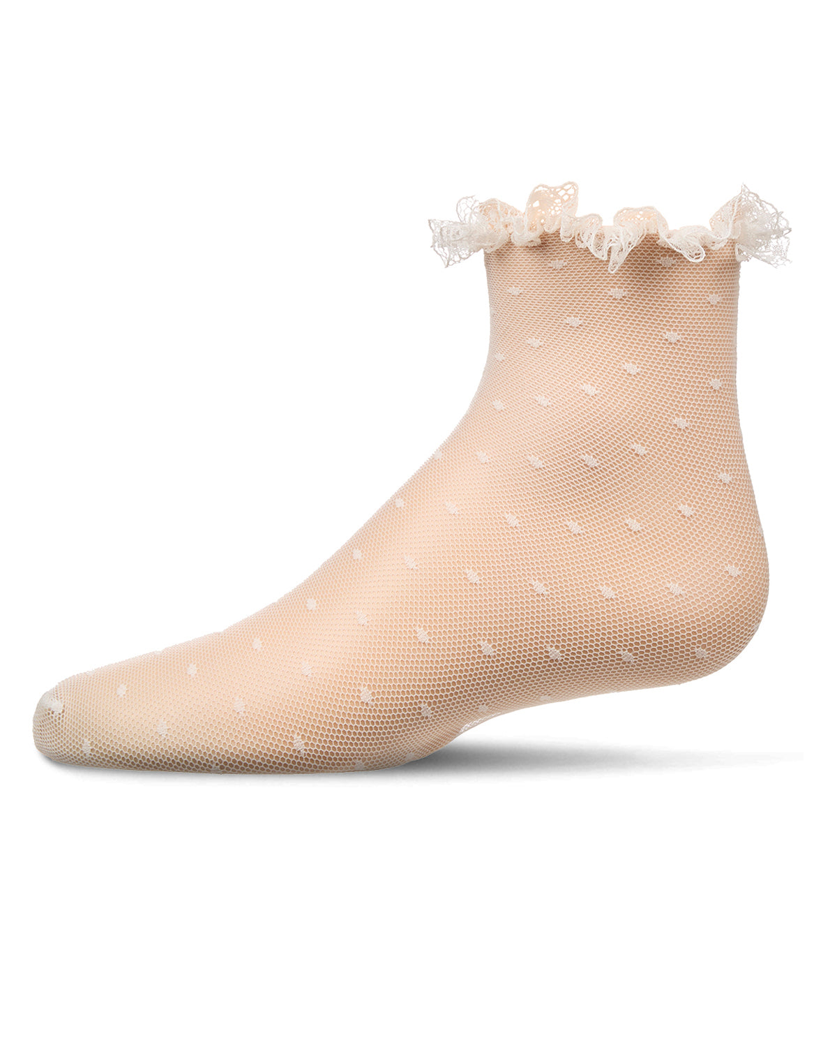 Girls Mesh Dot Pattern Lace Trim Ankle Sock : Color: Winter White