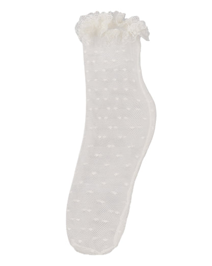 Girls Mesh Dot Pattern Lace Trim Ankle Sock : Color: Winter White