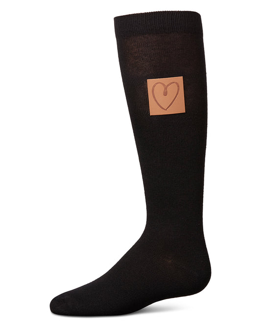 Girl's Cork Heart Patch Tab Knee High Socks : Color: Black