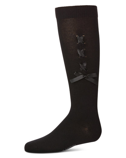 Girls' Weaved Velvet Bow Knee High Socks : Color: Black