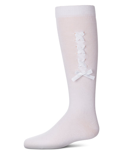 Girls' Weaved Velvet Bow Knee High Socks : Color: Winter White