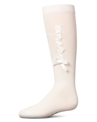 Girls' Weaved Velvet Bow Knee High Socks : Color: Winter White