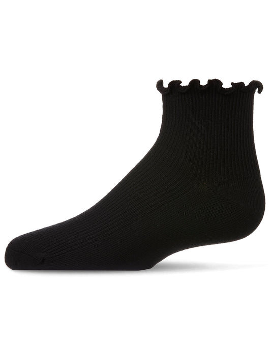 Girls' Ruffled Top Thin Ribbed Anklet Socks : Color: Black
