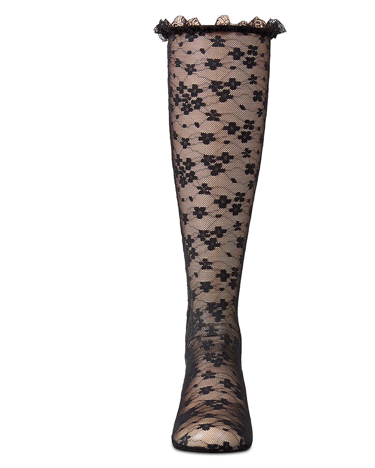 Girls Floral Lace Mesh Knee High Sock : Color: Black