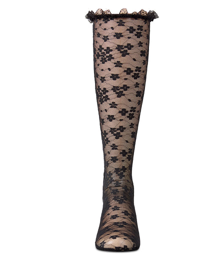 Girls Floral Lace Mesh Knee High Sock : Color: Black