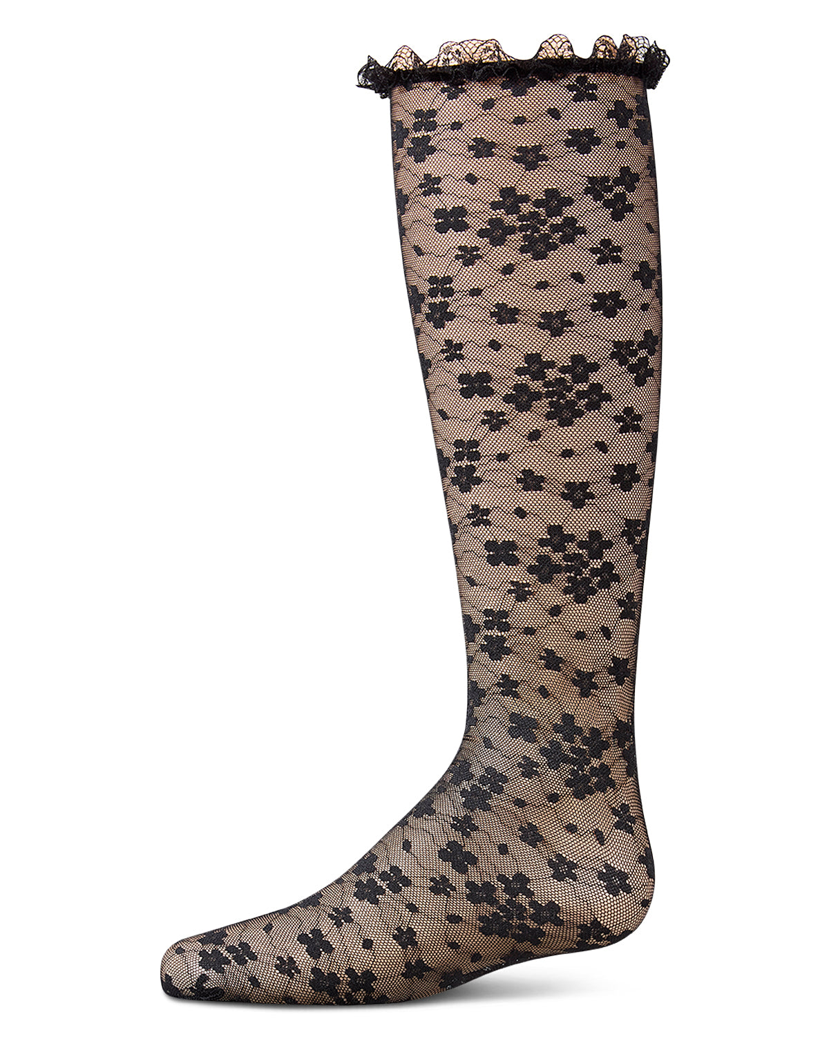 Girls Floral Lace Mesh Knee High Sock : Color: Black
