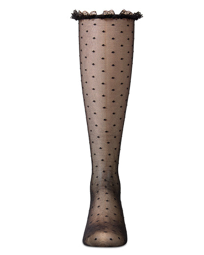 Girls Lace Trimmed Dot Mesh Knee Sock : Color: Black