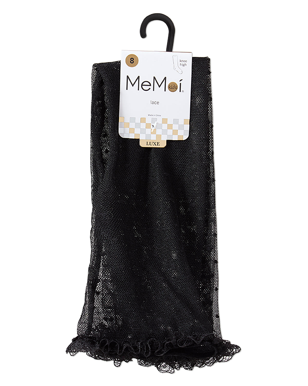 Girls Lace Trimmed Dot Mesh Knee Sock : Color: Black