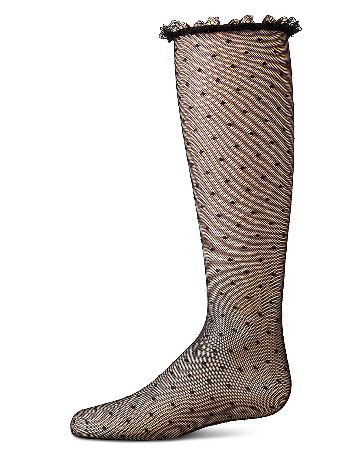 Girls Lace Trimmed Dot Mesh Knee Sock : Color: Black