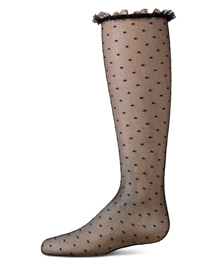 Girls Lace Trimmed Dot Mesh Knee Sock : Color: Black