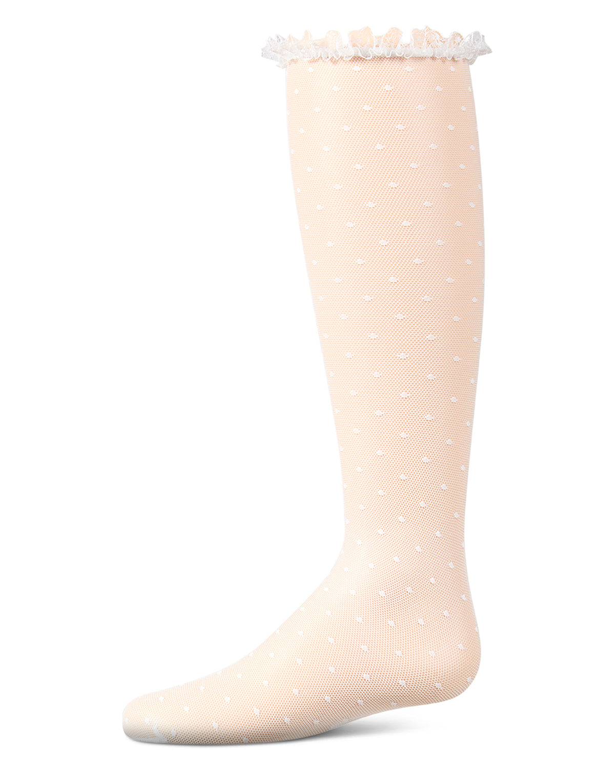 Girls Lace Trimmed Dot Mesh Knee Sock : Color: White