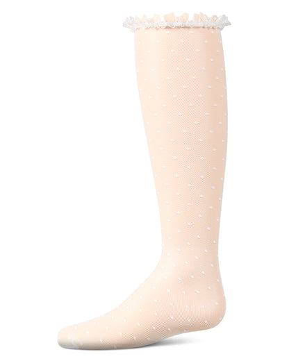 Girls Lace Trimmed Dot Mesh Knee Sock : Color: White