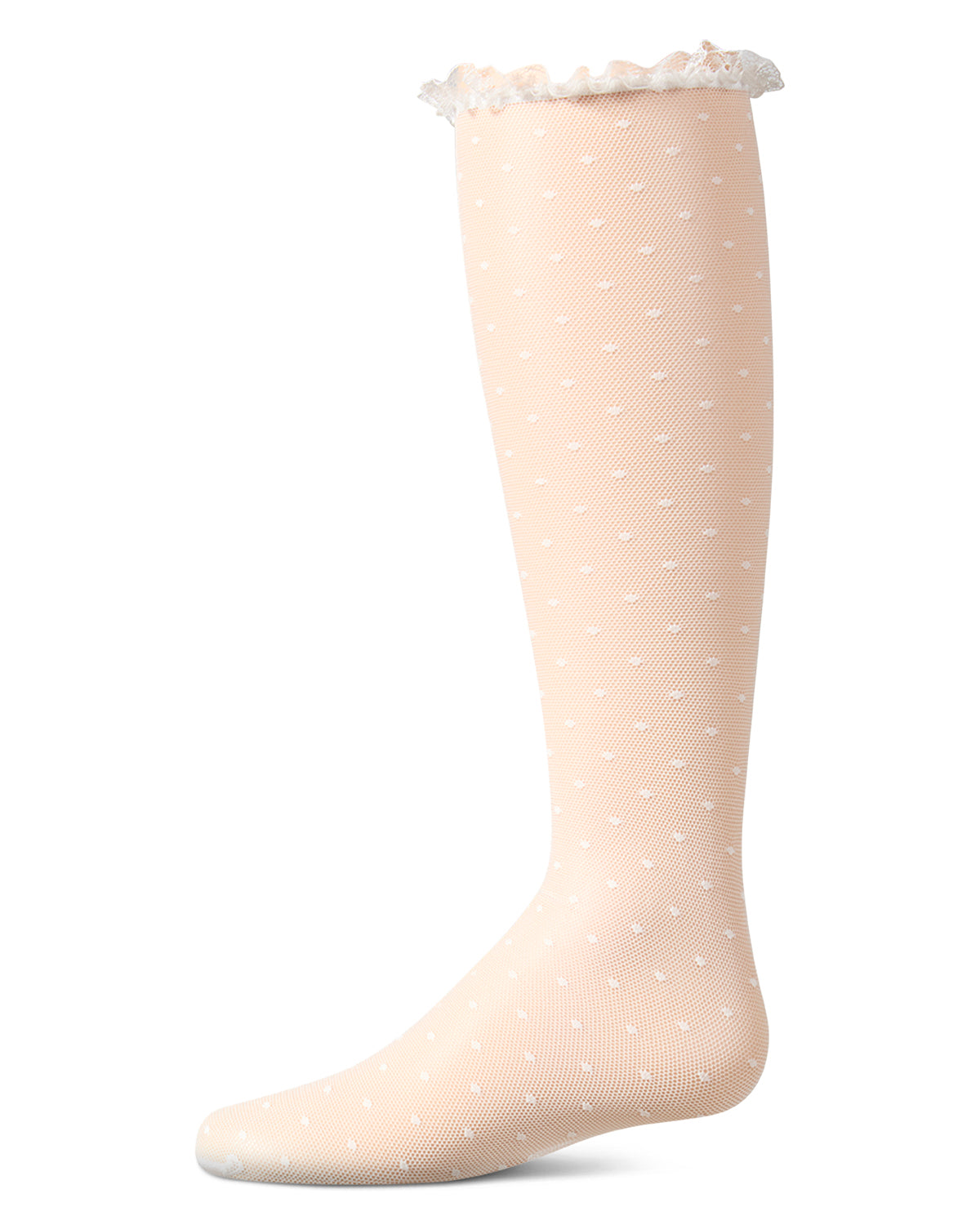 Girls Lace Trimmed Dot Mesh Knee Sock : Color: Winter White
