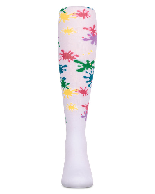 Girls “Splatter Paint” Opaque Stretch Cotton Tights : Color: White