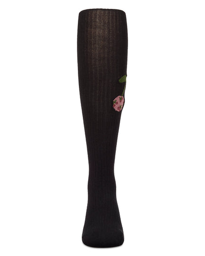 Girls Ribbed Cherry-Graphic Cotton-Rich Elastic-Waist Tights