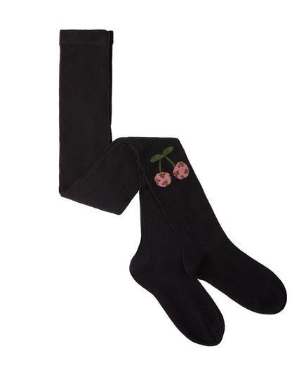 Girls Ribbed Cherry-Graphic Cotton-Rich Elastic-Waist Tights