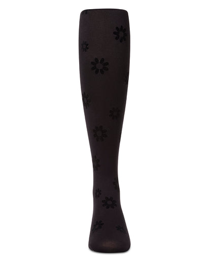 Girls "Daisy Flower" Flocked Opaque Fine-Gauge Fashion Tights