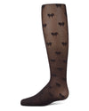 Girls' sheer black tights with bow pattern, side view, on a white background