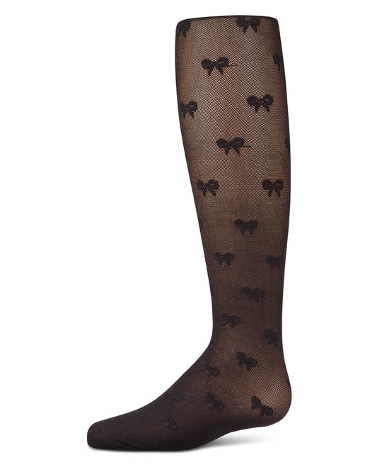 Girls' sheer black tights with bow pattern, side view, on a white background