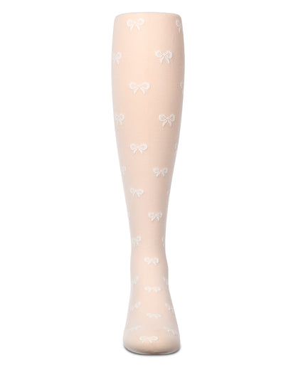 Girls' sheer winter white tights with bow pattern, front view, on a white background
