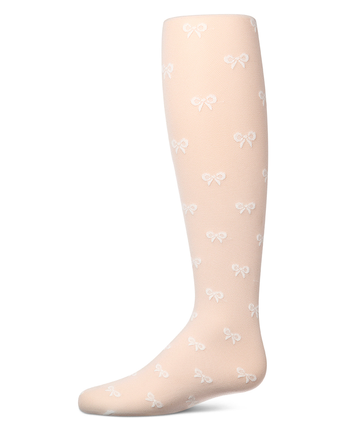 Girls' sheer winter white tights with bow pattern, side view, on a white background