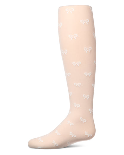 Girls' sheer winter white tights with bow pattern, side view, on a white background