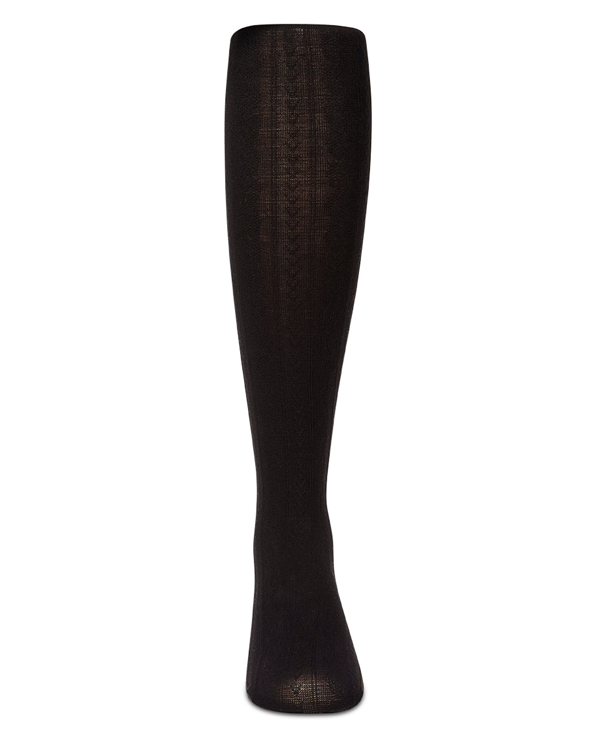 Girls' black cable-knit tights, front view, on a white background