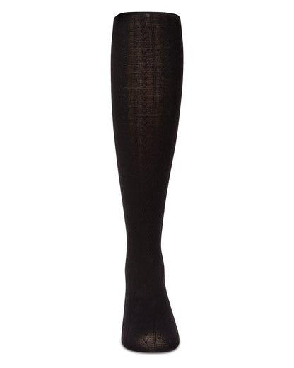 Girls' black cable-knit tights, front view, on a white background