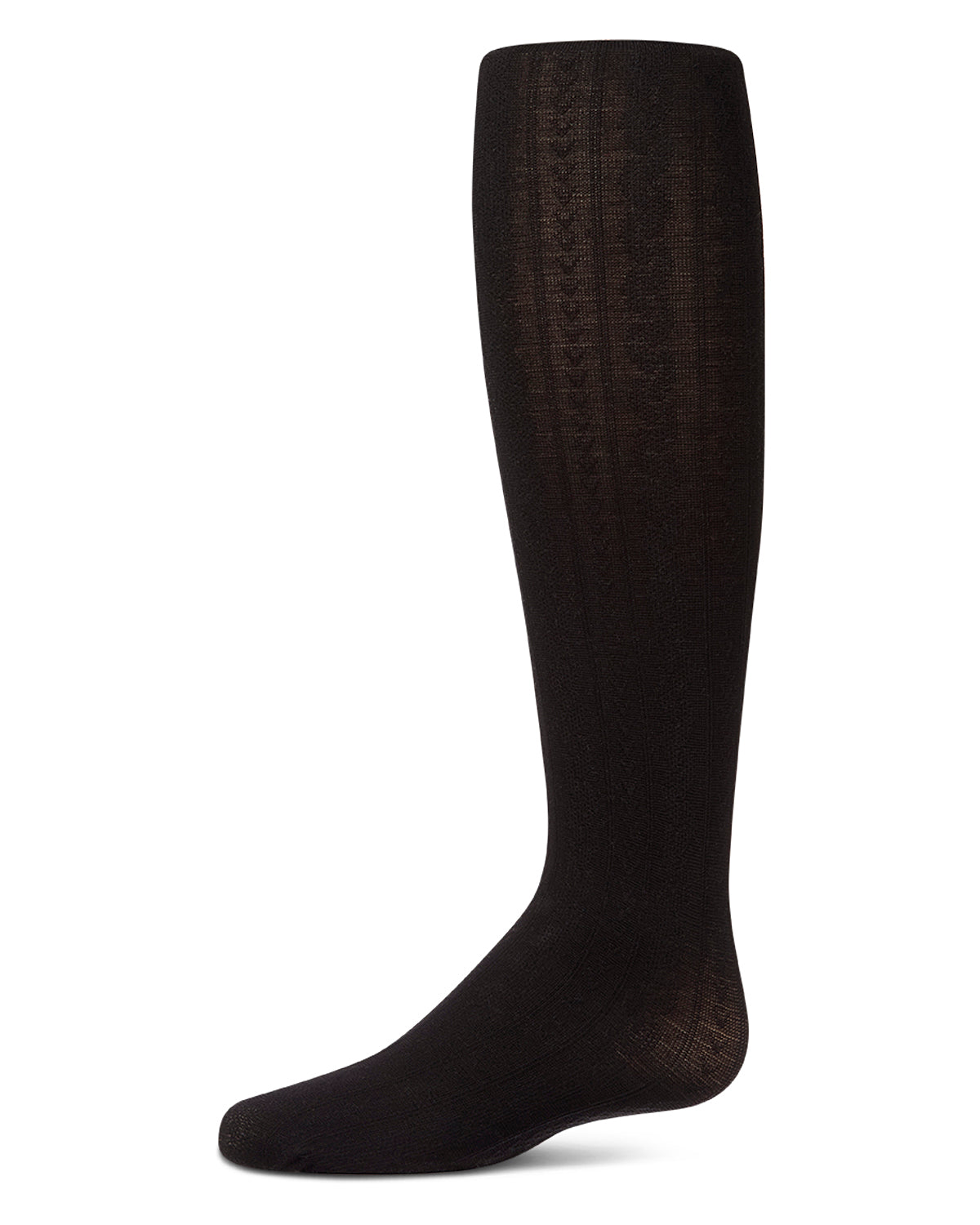 Girls' black cable-knit tights, side view, on a white background